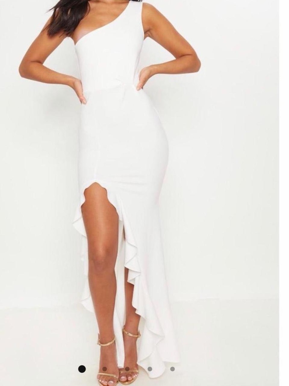 PrettyLittleThing White One-Shoulder Asymmetrical Ruffle Dress